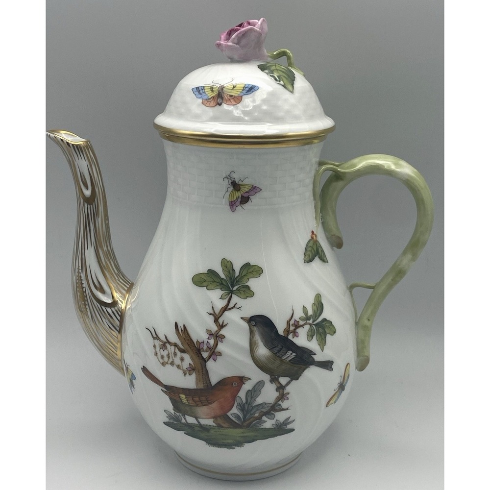 Herend Rothschild Bird Coffee Pot 6 5/8 in Pink Rose Lid Butterflies Necklace
